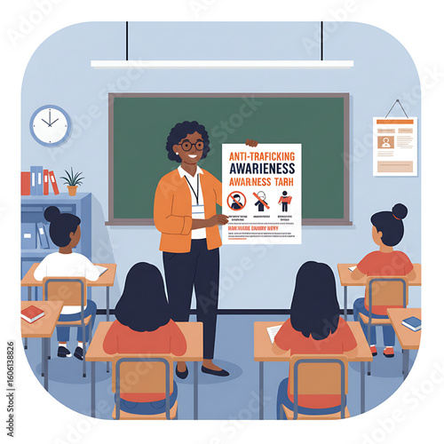 Teacher presents anti-trafficking awareness poster to attentive students in a classroom.