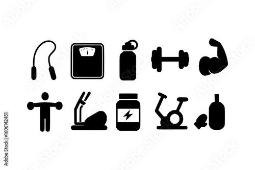 Collection of Black Gym and Fitness Isolated Silhouette Icons