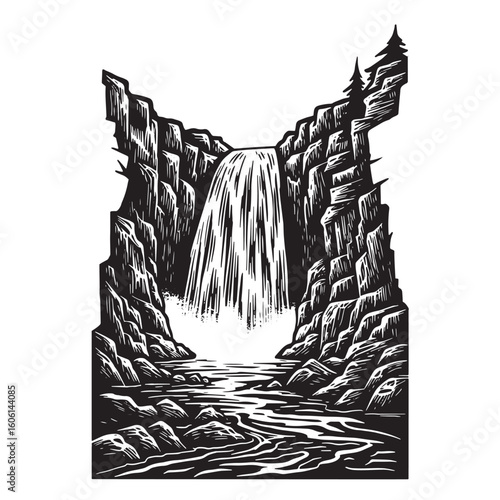 Majestic waterfall cascading down rocky cliffs surrounded by trees cascade nature