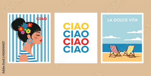Collection of cute summer posters, cards templates with portrait of a beautiful woman, beach chairs on the seashore and umbrellas against the sky.