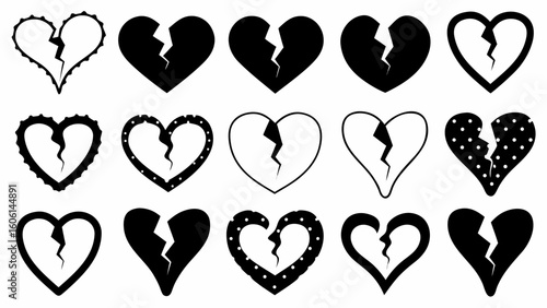 Collection of fifteen stylized broken heart illustrations in black and white with various designs silhouette