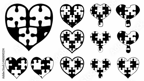Collection of heart shaped puzzle designs in black and white showcasing various puzzle arrangements and styles silhouette