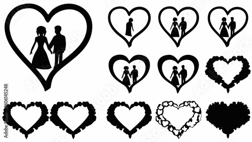 Silhouetted couples within heart shapes in various designs and heart shaped frames on a white background