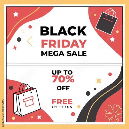 Black friday mega sale advertisement featuring shopping bags and discount offers in a square format design