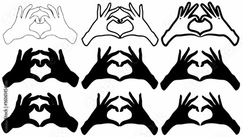 Nine instances of hands forming a heart shape in varying line styles and silhouette forms arranged in rows