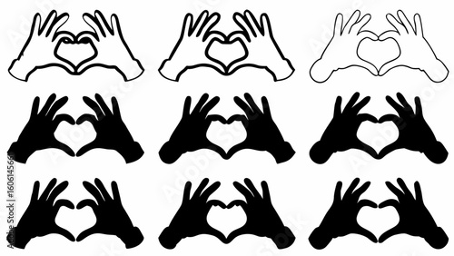 Illustration of nine instances of hands forming a heart shape in black and white design elements silhouette
