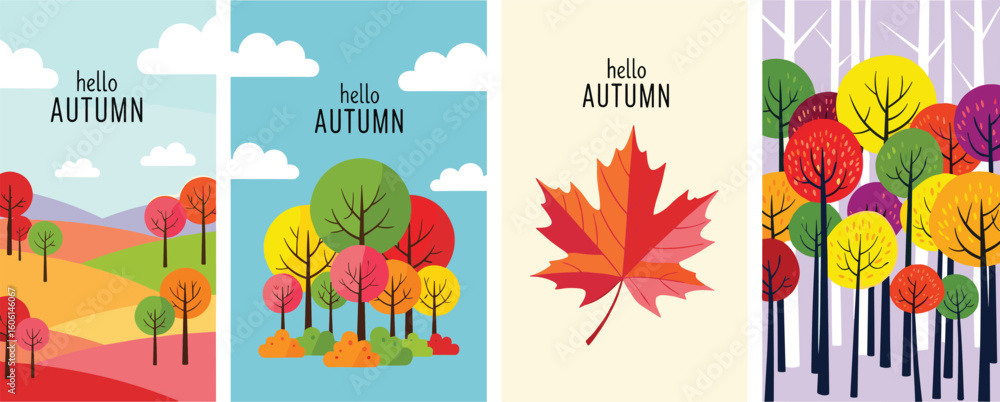 Fototapeta premium Set of trendy art style abstract autumn poster, cover, card with bright beautiful leaves, plants, autumn forest landscape.