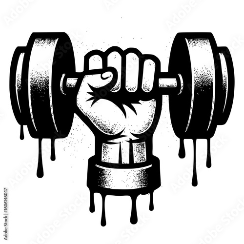 Grungy Stylized Hand Holding Dumbbell with Dripping Effect