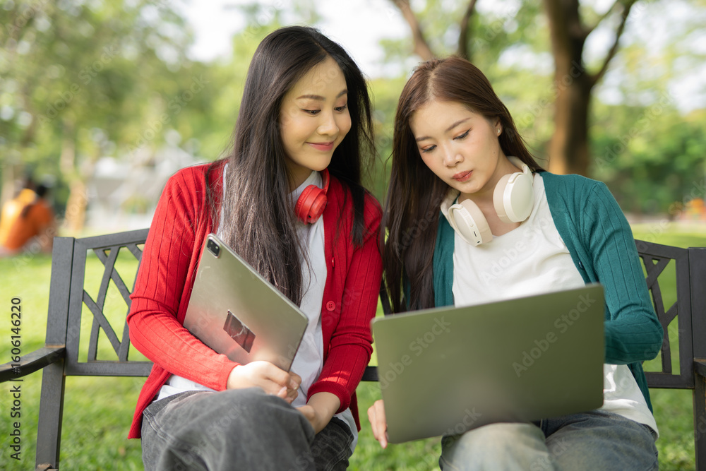 Fototapeta premium Smiling young Asian student wearing headphones talking in online chat using laptop.