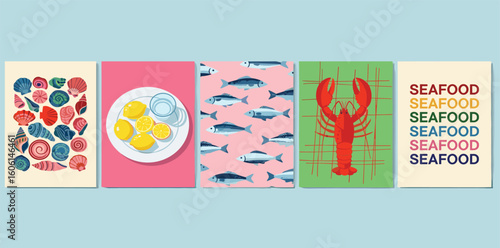 Сollection of cute summer Mediterranean posters, cards templates with lemons, seashells, sardines pattern, lobster and seafood typography design.