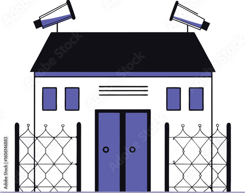 Secure House with Warden and Visible Security Camera Illustration