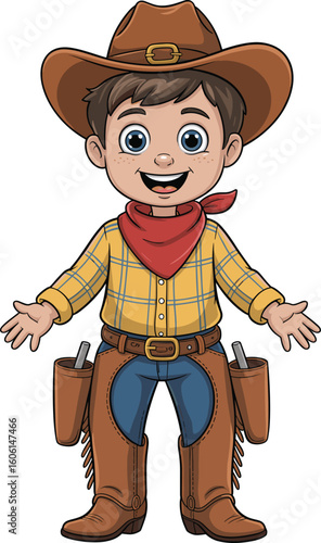 Happy cartoon cowboy boy with hat, red bandana, holsters and boots in western outfit, isolated on white background