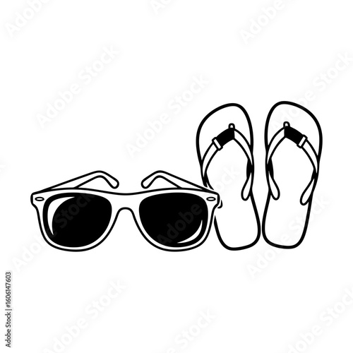 Summer vacation essentials icon with sunglasses and flip-flops. Beach holiday travel accessories line art illustration.