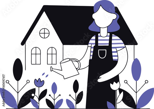 Happy Hostel Warden Watering Plants in the Garden Vector Illustration