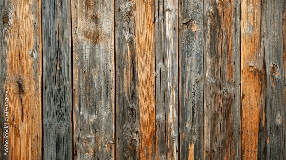 Fototapeta premium An old, weathered wooden fence with vertical planks and a weathered texture.