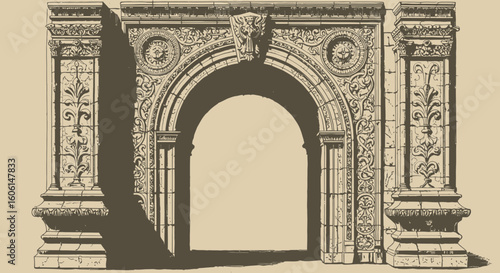 Detailed architectural vector illustration of an ornate archway and pillars