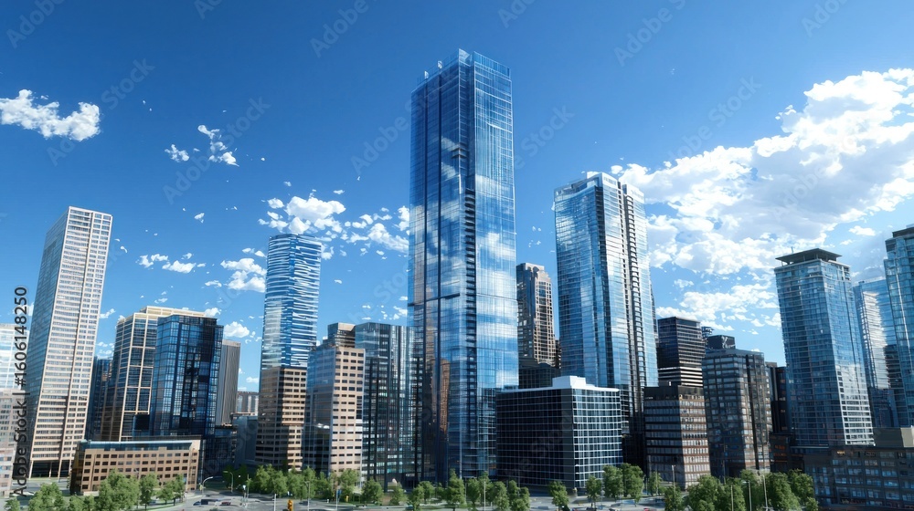 Fototapeta premium A modern city skyline with glass skyscrapers and a clear blue sky with scattered clouds.
