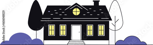 Warm Evening View of Warden Residence with Yellow Cat Illustration