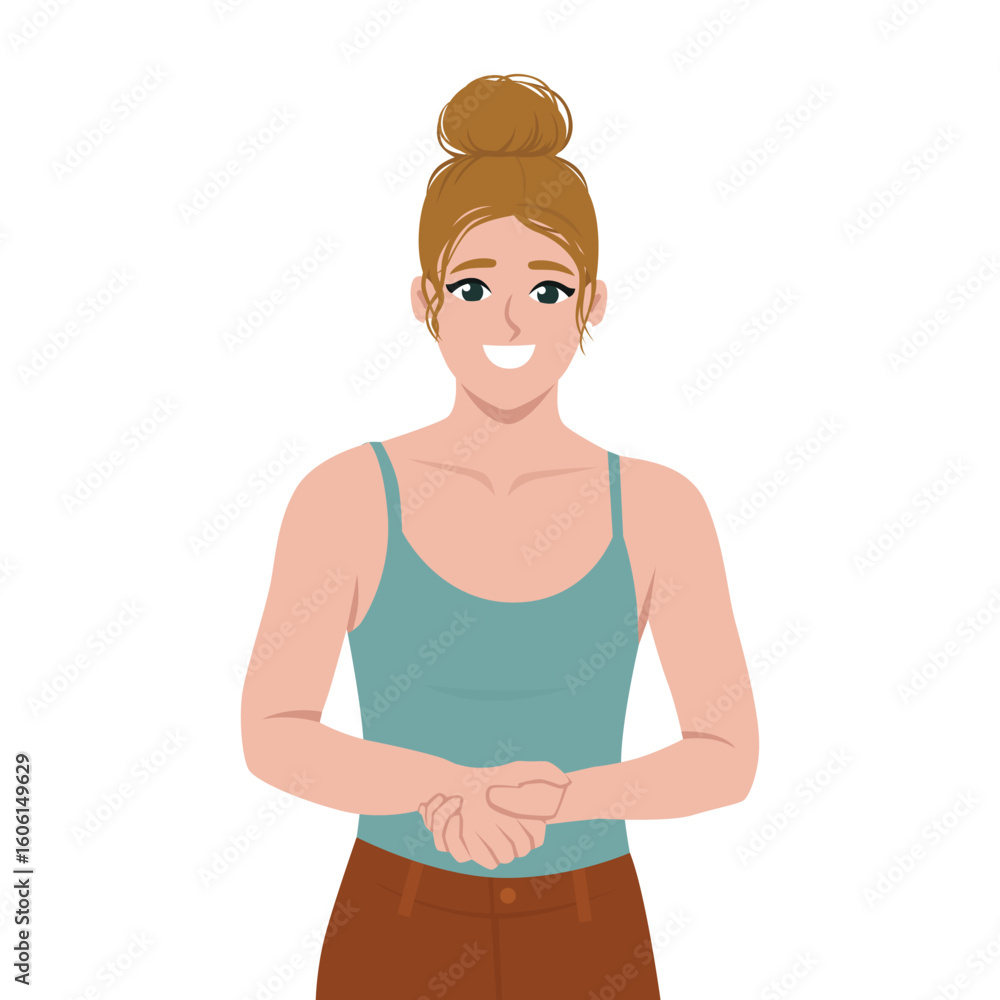 Woman with her hair in a bun and wearing a tank top stands warmly with her hands clasped. Flat Vector character illustration Woman with her hair in a bun and wearing a tank top stands warmly with her hands clasped. Flat Vector character illustration