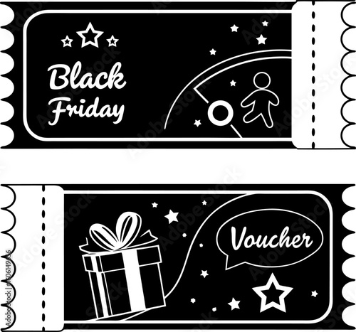 Two black and white tickets with black friday text gift voucher and star elements in a simple design style