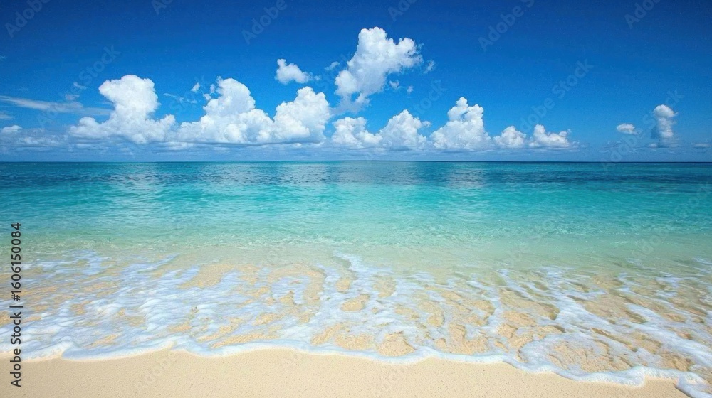 Fototapeta premium A serene beach scene with crystal clear turquoise water and white sand, under a bright blue sky with scattered white clouds.