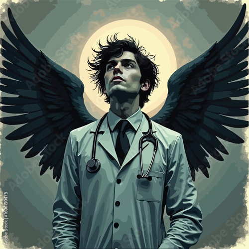 Cartoon illustration of a dark angel man with wings, a fashion model at night