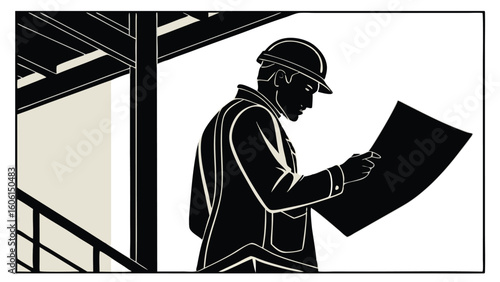 Architect studying blueprint construction planning