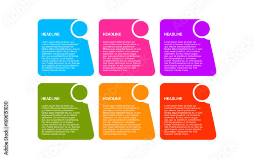 Infographic template provides a vibrant slide presentation with six colorful headline text boxes.