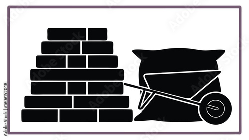 Black bricks wheelbarrow cement bags construction building materials