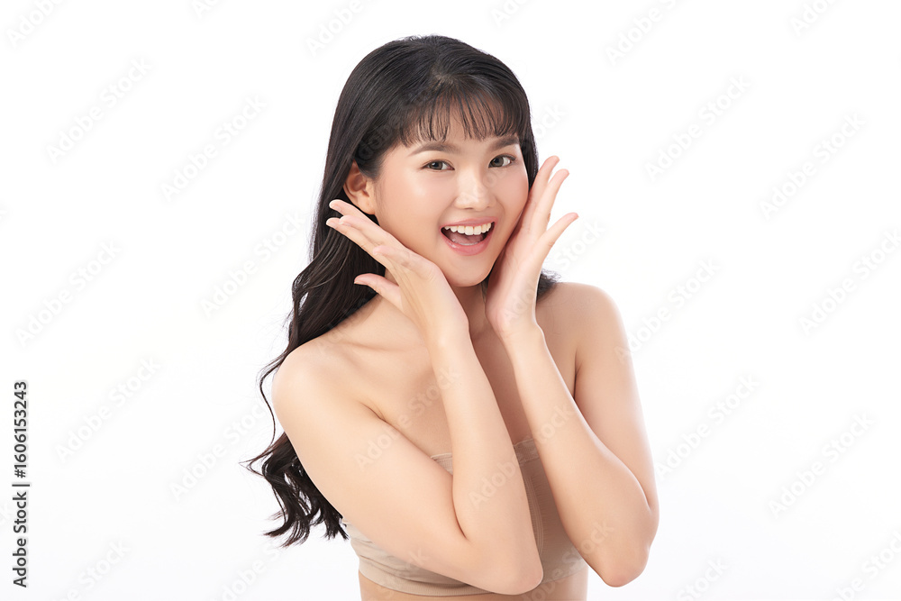 A beautiful young Asian woman with clean, fresh skin against a white background. Skincare, facial treatment, cosmetology, beauty, and spa. An elegant portrait of an Asian woman. A beautiful young Asian woman with clean, fresh skin against a white background. Skincare, facial treatment, cosmetology, beauty, and spa. An elegant portrait of an Asian woman.