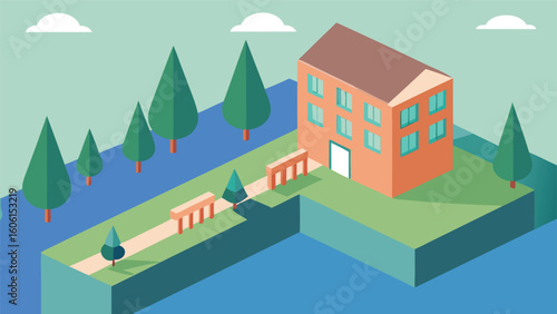 Isometric Vector Illustration of a Warden House and Surrounding Landscape