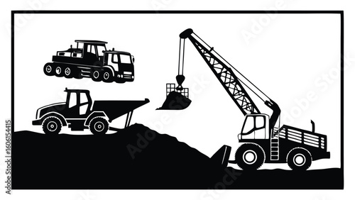 Black construction vehicles on white background bulldozer