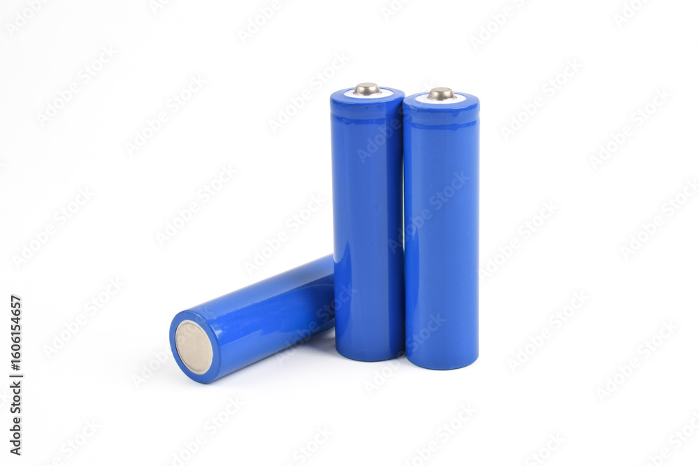 Blue metal AA-size batteries isolated on white background. Carbon zinc batteries, rechargeable batteries, mockup Blue metal AA-size batteries isolated on white background. Carbon zinc batteries, rechargeable batteries, mockup