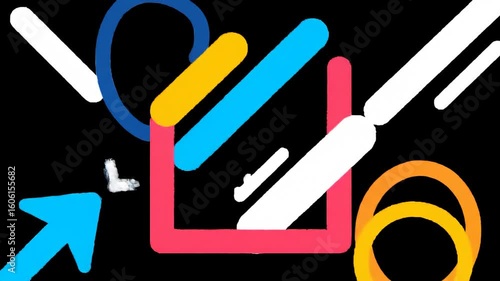 Abstract composition of rounded lines, shapes, on black background