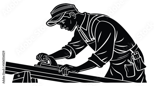 Black silhouette carpenter planing wood woodworking