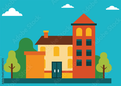 Small House with Garden Beside a Boy Vector Illustration