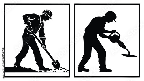 Black silhouette construction workers digging and jackhammering