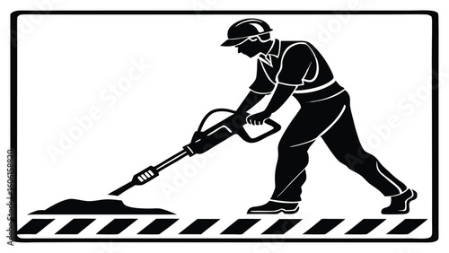 Black silhouette of construction worker with jackhammer