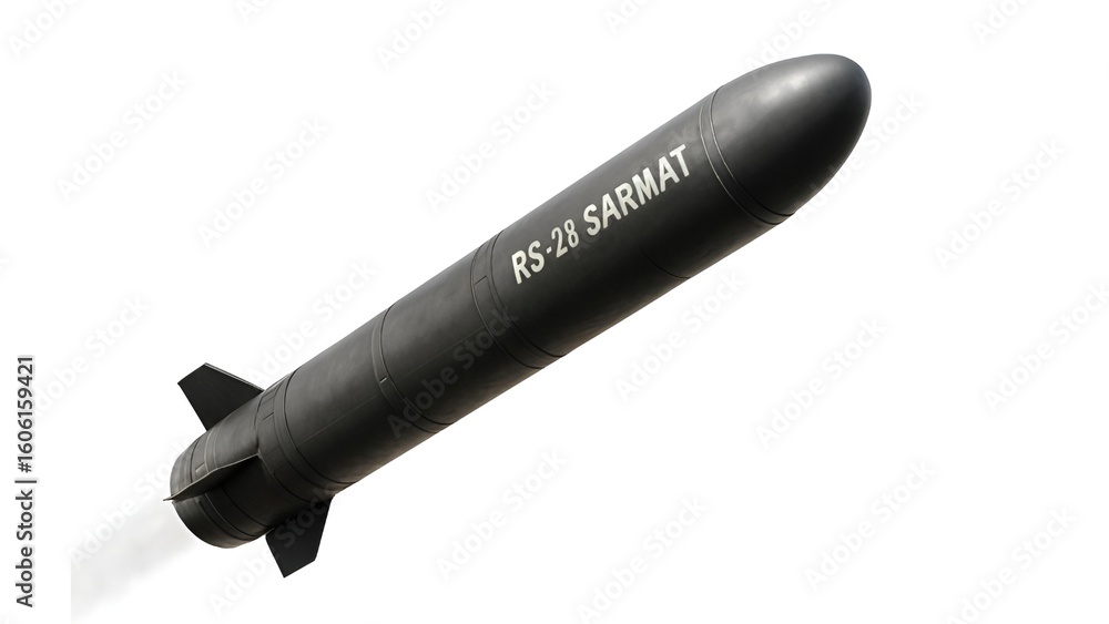 Fototapeta premium RS-28 Sarmat ICBM Mid-Flight on White Background – Global Power Symbol