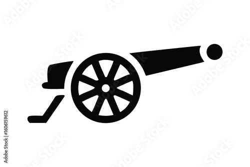 Silhouette of a historic cannon with a large wheel on a white background representing warfare and defense