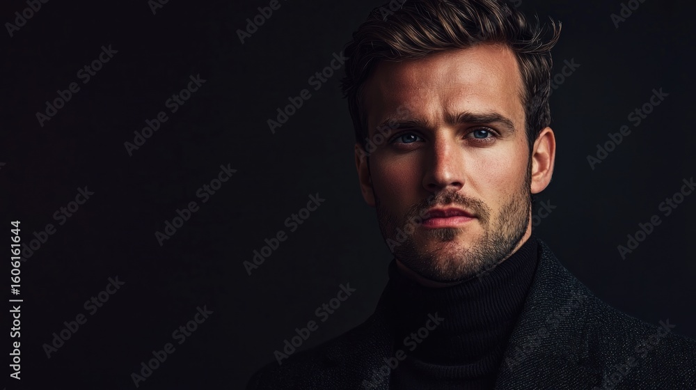 Naklejka premium A man with dark hair and a beard, wearing a black turtleneck sweater and a black coat, against a dark background.
