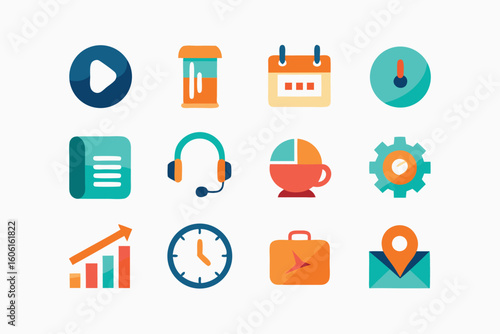 Vector art of a set of vibrant and modern icons for business and multimedia applications isolated on white background