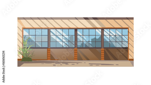 Cartoon building facade with large windows and plant illustration for architecture design and background use