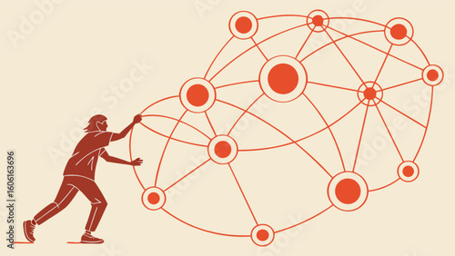 Illustration of man managing network connections and data flow for business and technology concepts