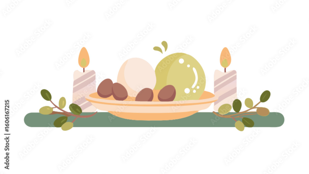 Fototapeta premium Still life food illustration with candles and fruits on plate for decorative design element vector art