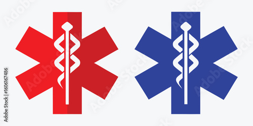 Two stars of life medical symbols. One blue and one red