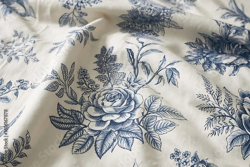 Vintage Blue and White Floral Pattern in Toile de Jouy Style with Intricate Botanical Details