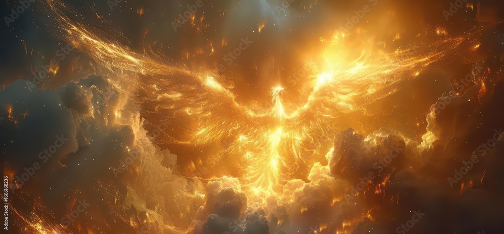 Naklejka premium A fiery phoenix rising amidst clouds, symbolizing rebirth and transformation.