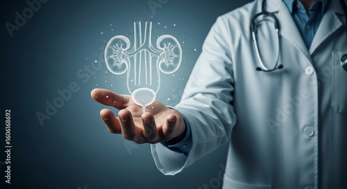 Doctor presenting human kidney and bladder hologram in hand wearing a white coat and stethoscope