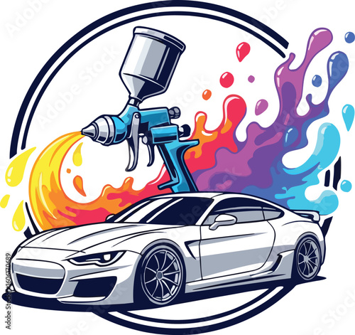 Sports Car with Color Spray Gun and Colorful Paint Splash – Automotive Painting Logo Design
